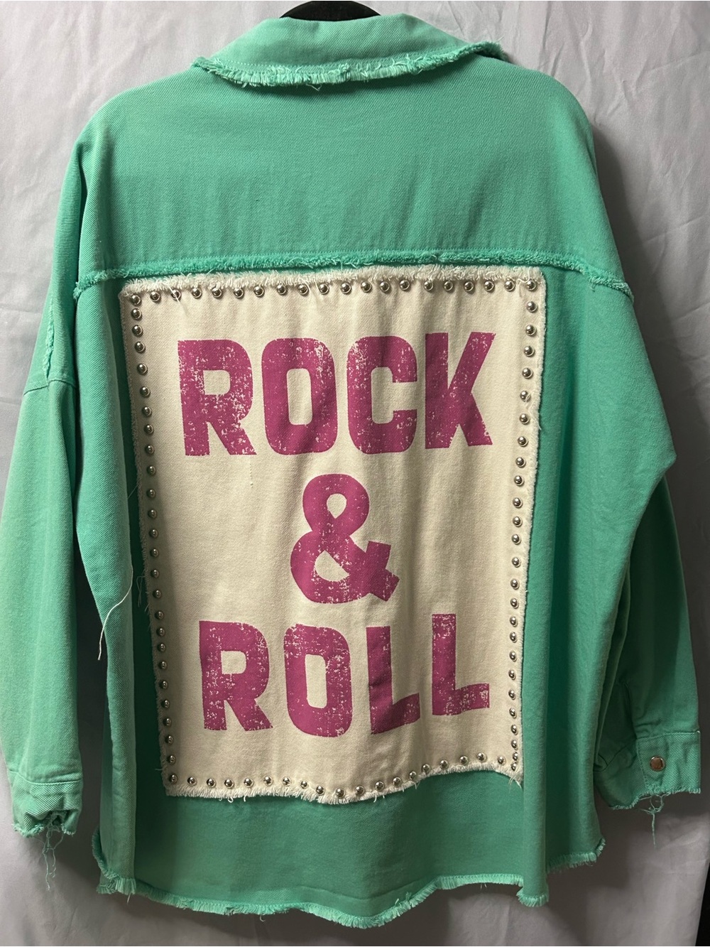 Fantastic Fawn Mint Green Jean Jacket with Cream Pink 'Rock & Roll' Back